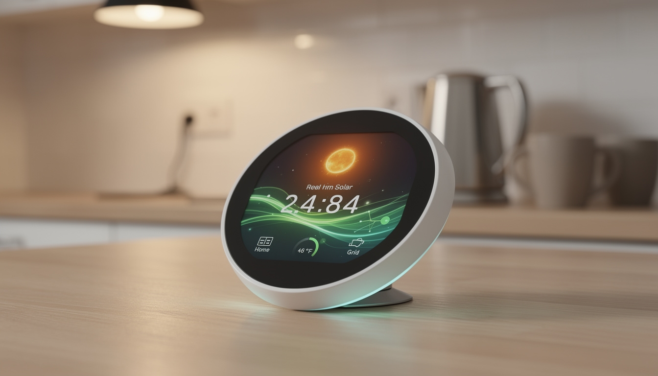 Home energy monitor display on a kitchen counter showing real-time solar generation data