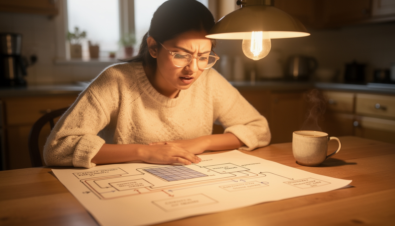 Homeowner studying a solar energy diagram at a kitchen table
