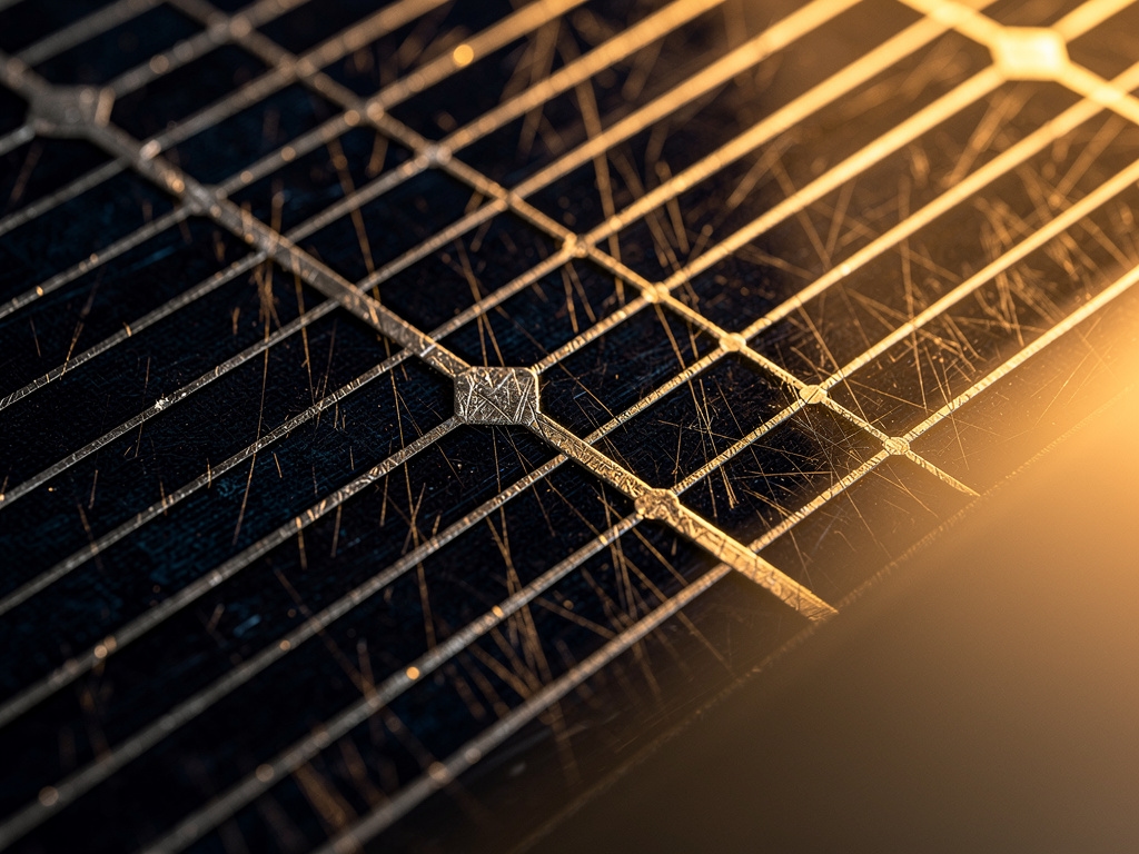 Close-up of photovoltaic solar cells showing their crystalline structure and blue-tinted surface