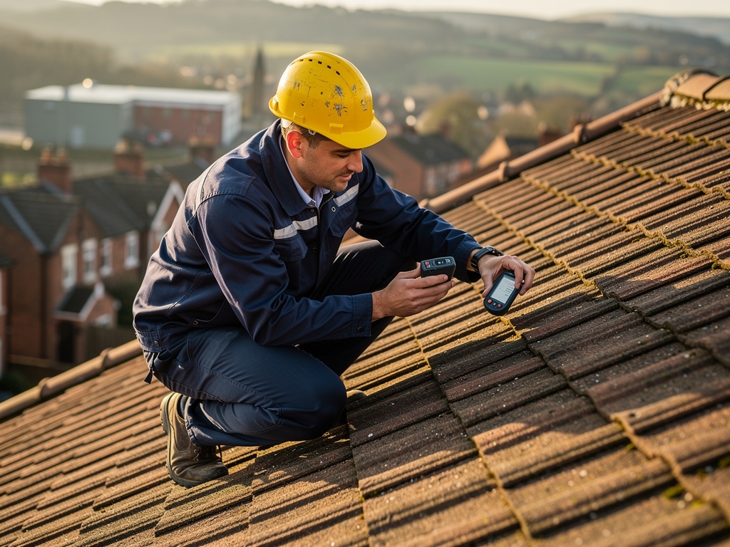 Solar installer measuring a residential roof pitch with surveying equipment on a sunny day