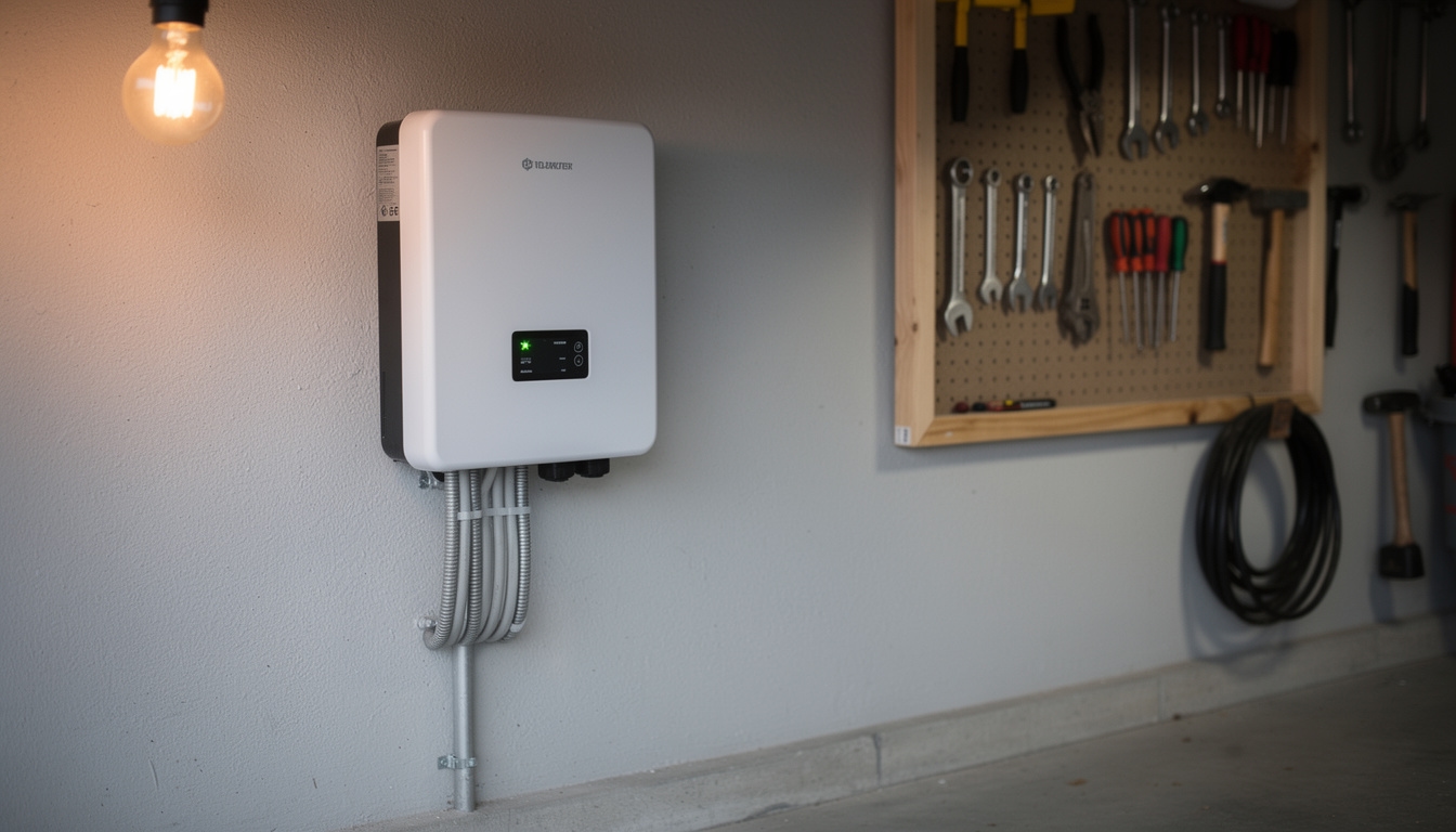 Solar inverter unit mounted on a garage wall with wiring connections visible