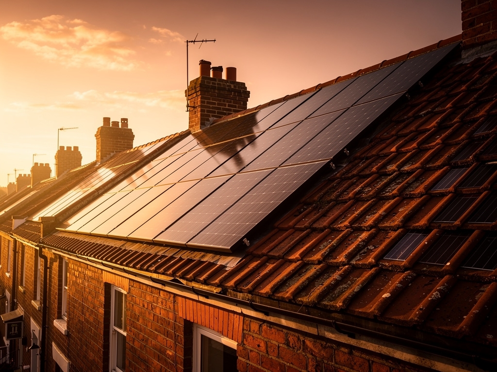 Solar panels on a residential rooftop bathed in warm golden hour light