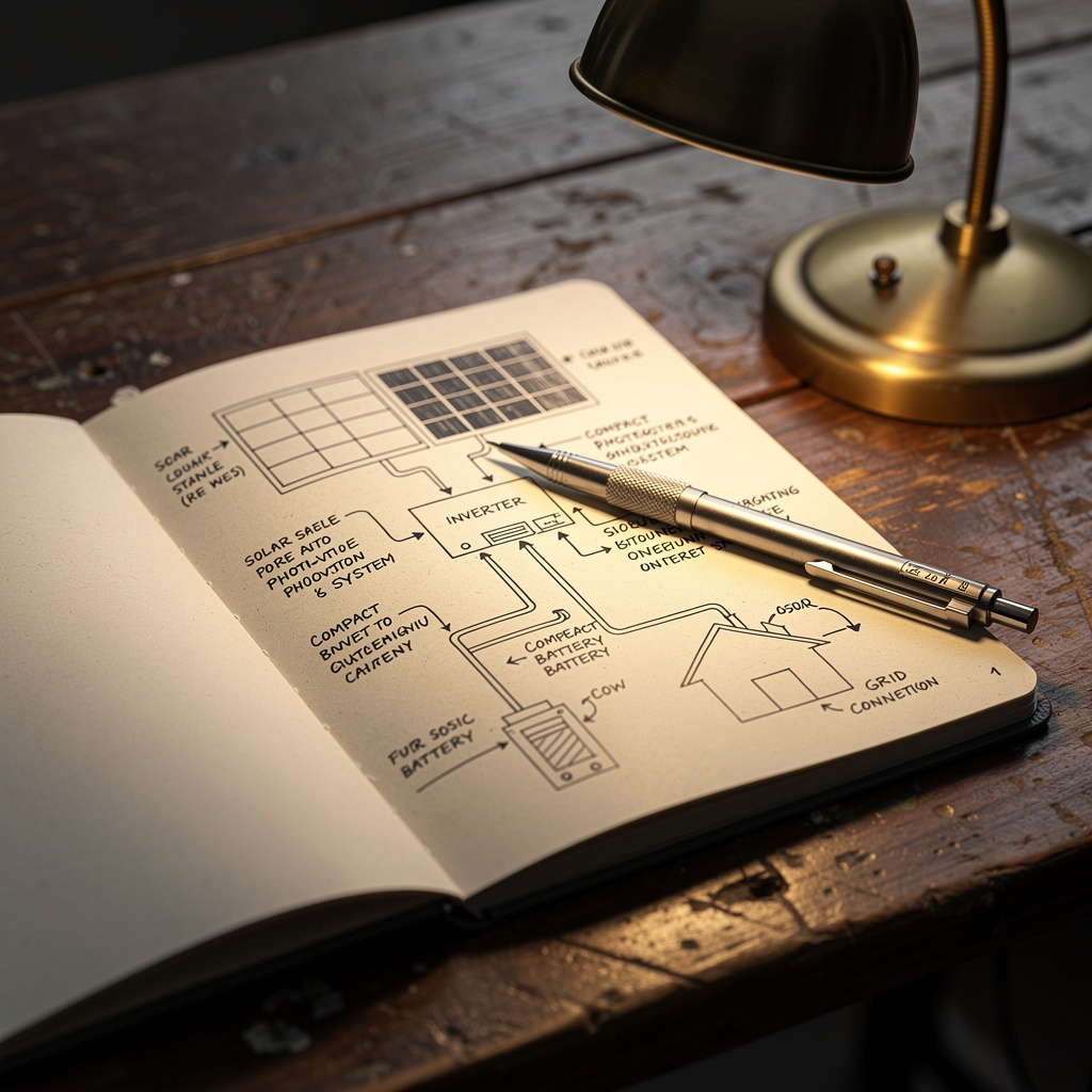 Hand-drawn solar system diagram in an open notebook on a wooden desk with warm lamp light