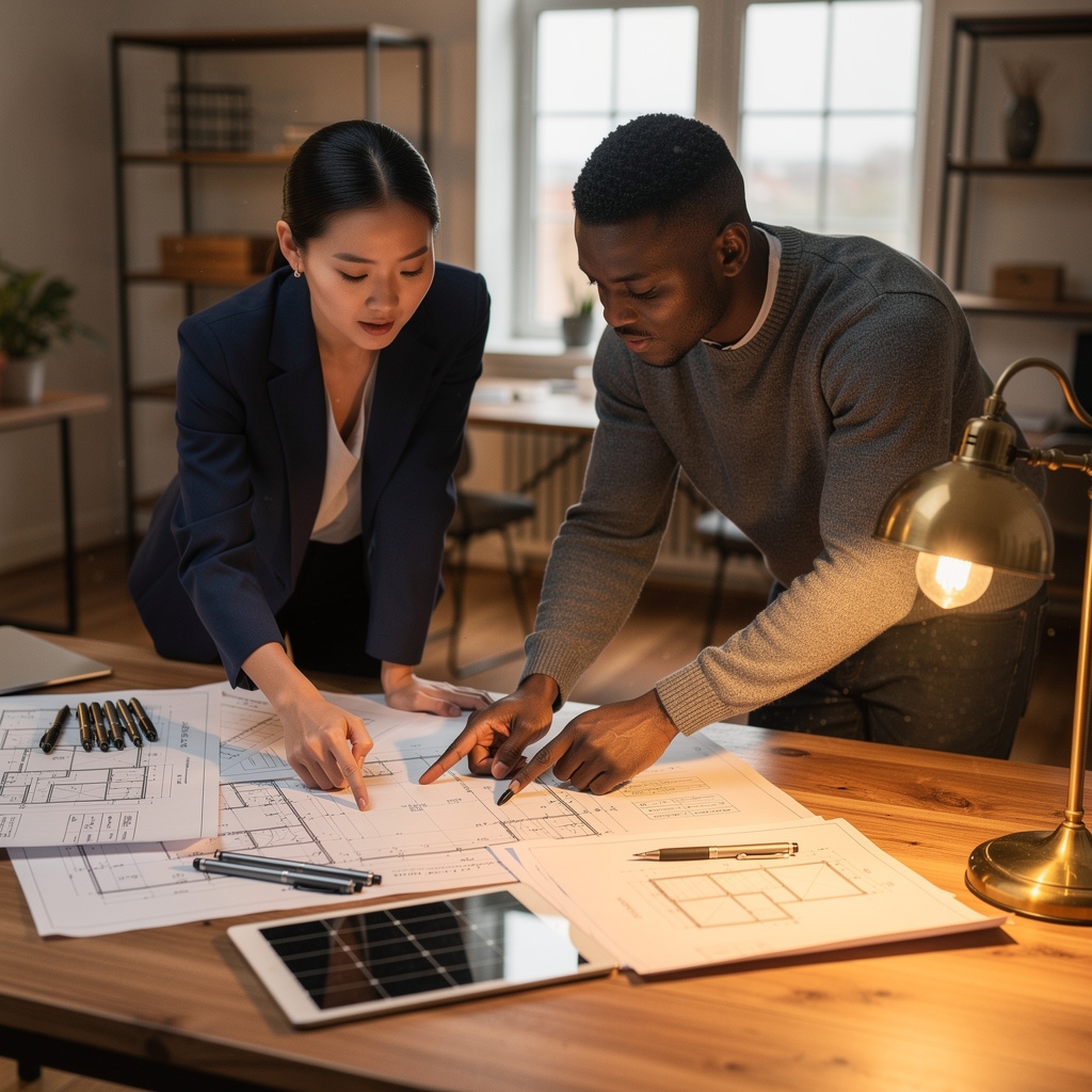 Two professionals reviewing solar installation blueprints spread across a large wooden table with warm desk lamp lighting